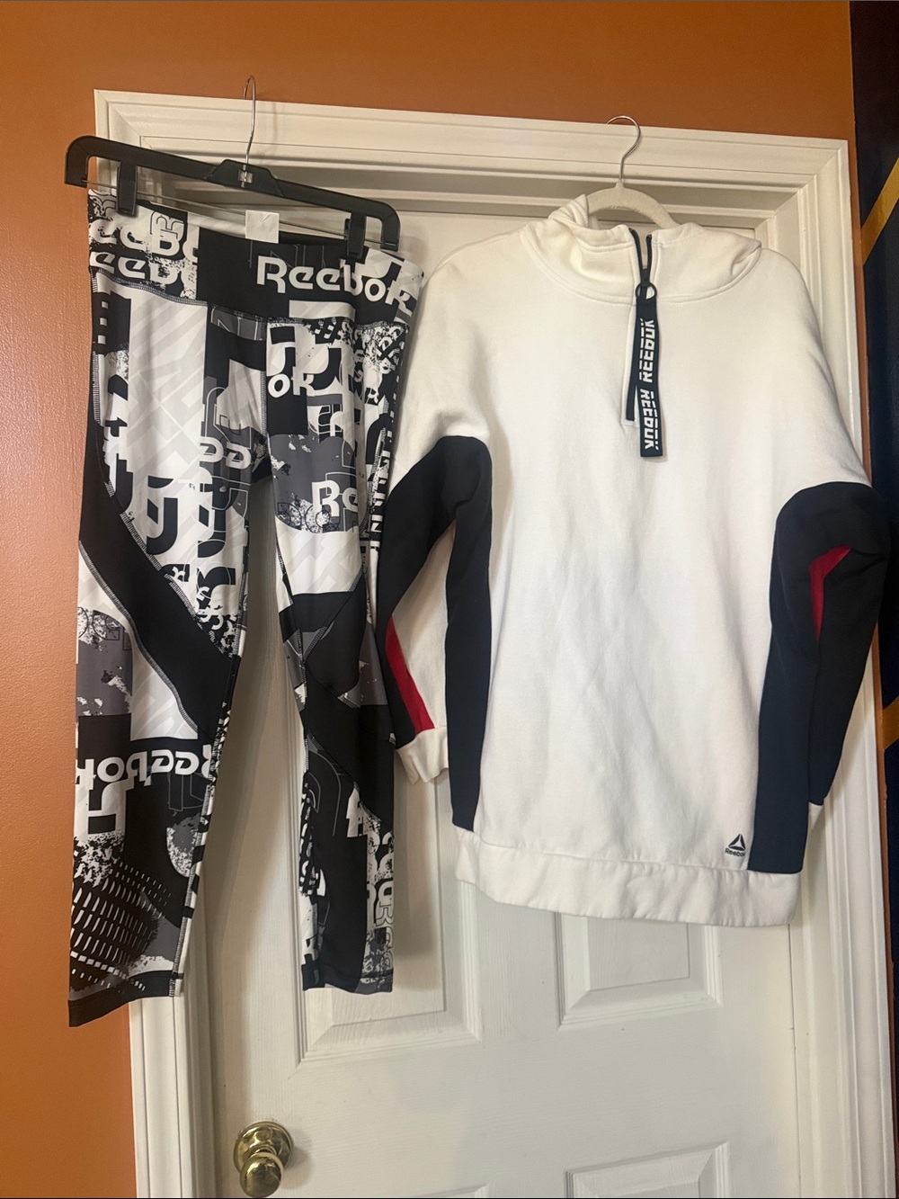 Reebok White Pullover with Black & Red Accent and Graphic Black-White Leggings
